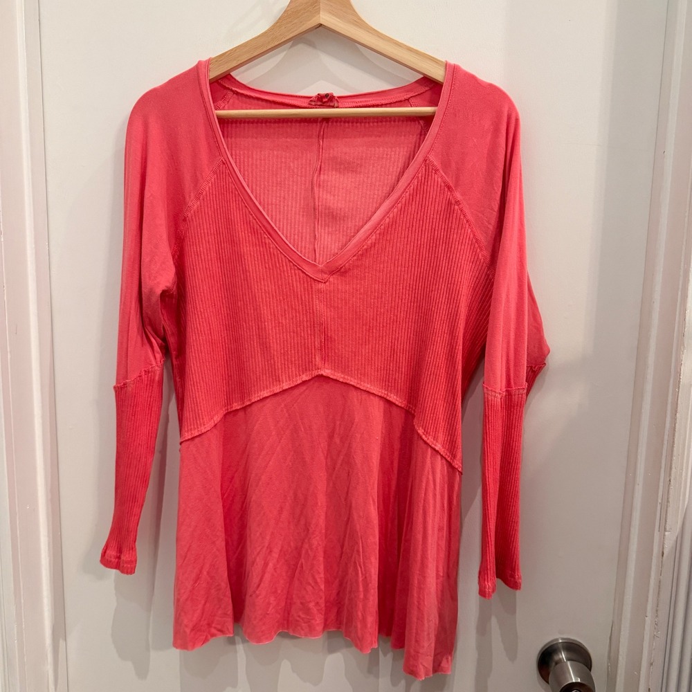 POL Mixed Ribbed Knit V-Neck Long Sleeve Top Size S Boho‎ Coral Pink